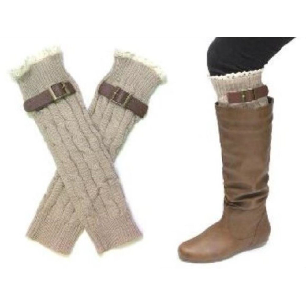 2 Pairs Knee High Leg Warmers Crochet Cuff Buckle NWT - Picture 6 of 7